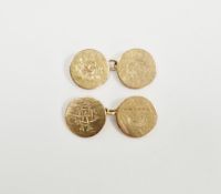 Pair 9ct gold chain pattern cufflinks, the circular end engraved with fish crest, 8g total approx.
