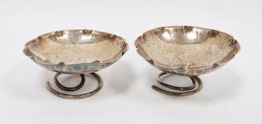 Pair of Chinese Wang Hing 900 grade silver dishes, of round petal form with vein decoration, on
