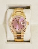 Rolex 18ct gold Oyster Perpetual Day Date wristwatch, model 118208, c. 2001, the dial with pink