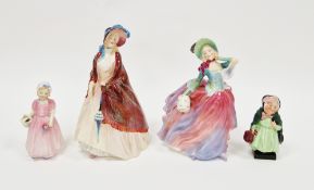 Four Royal Doulton bone china figures comprising Paisley Shawl HN1987, 21.2cm high, Autumn Breezes