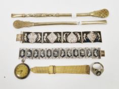 Two Siamese sterling silver and niello panel bracelets and a ring decorated with dancing figures,
