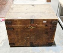 19th century pine and metal bound silver chest, the hinged lid opening to a green baise lined