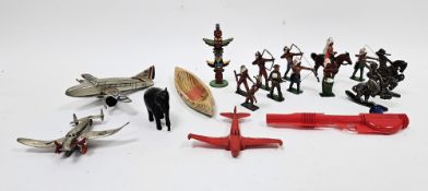 Collection of lead, metal and plastic toy figures including cowboys, native Americans, soldiers,