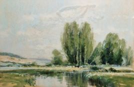 James Longueville (b.1942) Pastel on paper 'Ypres Valley, Normandy', pastoral scene with river,