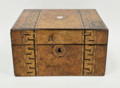 Victorian walnut tunbridge ware and mother-of-pearl inlaid travelling toilet/writing box fitted with