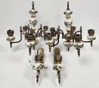 Pair of Dutch gilt brass and floral painted ceramic five branch chandeliers, 55cm high x 55cm