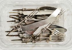 Collection of six Georgian silver fruit fork blades and three Georgian silver fruit knife blades (