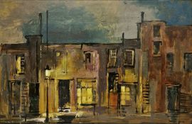 Deborah Jones  Oil on board Street scene lit by a dim lamppost, signed lower right, gilt framed,