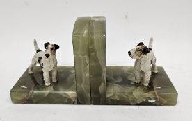 Pair of Art Deco green onyx bookends, each surmounted by a cold painted spelter model of a fox