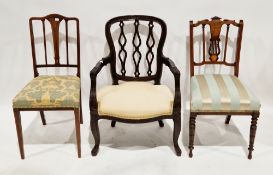 Two Edwardian mahogany and satinwood inlaid bedroom chairs together with rosewood elbow chair with