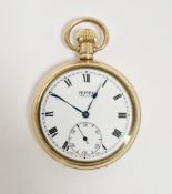 Vertex Revue gold plated open faced pocket watch, the white enamel dial with Roman numerals and
