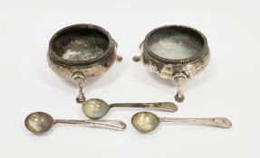 Pair of Victorian silver salts and three matching salt spoons, Birmingham 1884, Elkington & Co,