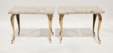 Pair of lamp/side tables having Cheraski marble rectangular tops, on bronze moulded acanthus leaf