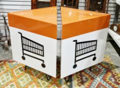 Pair of 20th century supermarket shop display advertising freestanding metal trolley signs or