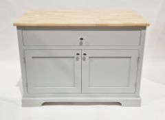 Contemporary Shaker-style side cabinet having a pale oak block rectangular top over a grey