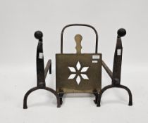 19th century brass, iron and copper fire hearth trivet, 28cm high and a pair of antique cast iron