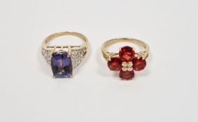 Lady's 9ct gold blue stone dress ring flanked on either side by white stones and a lady's 9ct yellow