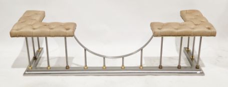 19th century style club fender, comprising two buttoned and studded brown leather seats on a metal