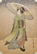 Kikukawa Eizan (1787-1867) Hand-coloured woodblock print Japanese woman holding a parasol in snowy