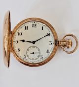 9ct gold full hunter pocket watch, the enamel dial with Arabic numeral hour markers, seconds