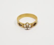 Victorian yellow metal, pearl and diamond mourning ring inset with woven hair to the engraved shank,