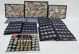 Collection of coins and stamps including three Sandhill coin library albums, one containing half