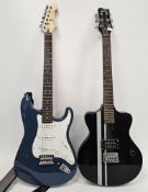 CB Sky electric guitar, the black body with silver stripes together with a Cruiser by Crafter