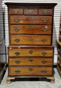 George III mahogany and crossbanded chest on chest, the cornice with dentil moulding over an upper