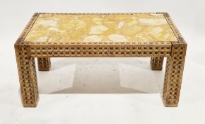 Mid-20th century Spanish cherrywood coffee table with marble inset top and moorish-style geometric