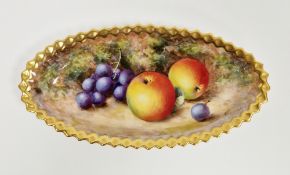 Royal Worcester porcelain pin dish, oval with gilt serrated border and painted with still life of