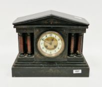 Victorian slate and marble mantel clock of architectural form, the white enamel and gilt dial with