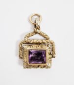 19th century yellow metal, amethyst coloured stone and chalcedony set swivel fob, the swivel