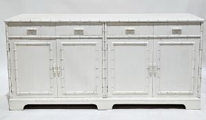 Modern white sideboard having a faux bamboo design, comprising four drawers over four cupboard