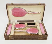 Cased Art Deco silver and pink guilloche enamel dressing table set, hallmarked Birmingham, 1934-