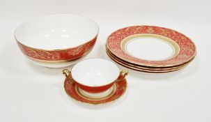 Royal Crown Derby bone china Regency pattern bowl, four dinnerplates and a two-handled soup cup