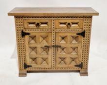 Mid-century Spanish cherrywood side cabinet having moulded square geometric carving throughout,