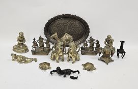 Collection of mainly Asian metalware including pair of brass foo dogs, 12cm high, pair of brass