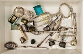 Collection of silver and other metal items including Victorian silver salt spoon with figural finial