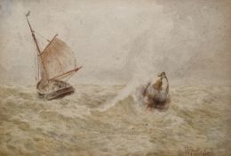 William Rutledge (Australian, 1924-1993) Watercolour Fishing boat and buoy on rough sea, signed