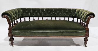 Late Victorian mahogany framed settee having green velvet button back upholstered bowed top rail and