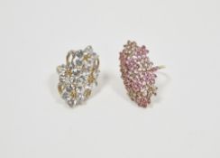 Lady's pink stone set numerous cluster dress ring, 9ct gold and another 9ct gold dress ring set with