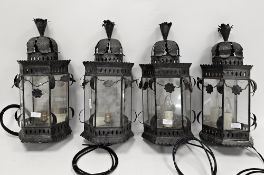 Set of four japanned electric hanging wall lanterns, of hexagonal form, having five glass panels and