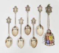 Six silver armorial Worshipful Company of Joiners and Ceilers spoons and a larger enamelled example,
