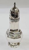 Silver sugar caster, baluster shaped and panelled, on octagonal foot, 17cm high, Birmingham 1972,