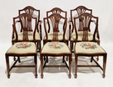 Set of six reproduction mahogany dining chairs of revived Hepplewhite-style, the backs with camel
