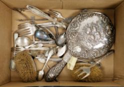 Pair of silver backed oval dressing table brushes, a silver backed dressing table mirror with