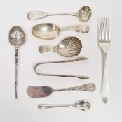 Collection of silver flatware including George III silver caddy spoon, London 1815, Victorian silver