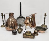 Mixed lot of copper and brassware including a copper samovar, a pair of brass candlesticks with