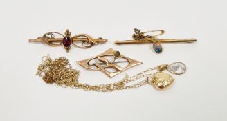15ct gold, opal and seedpearl bar brooch, a 9ct gold and almandine garnet bar brooch, a 9ct gold