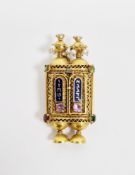 14K yellow gold Torah scroll pendant having a partial wirework body, set with blue enamel panels,